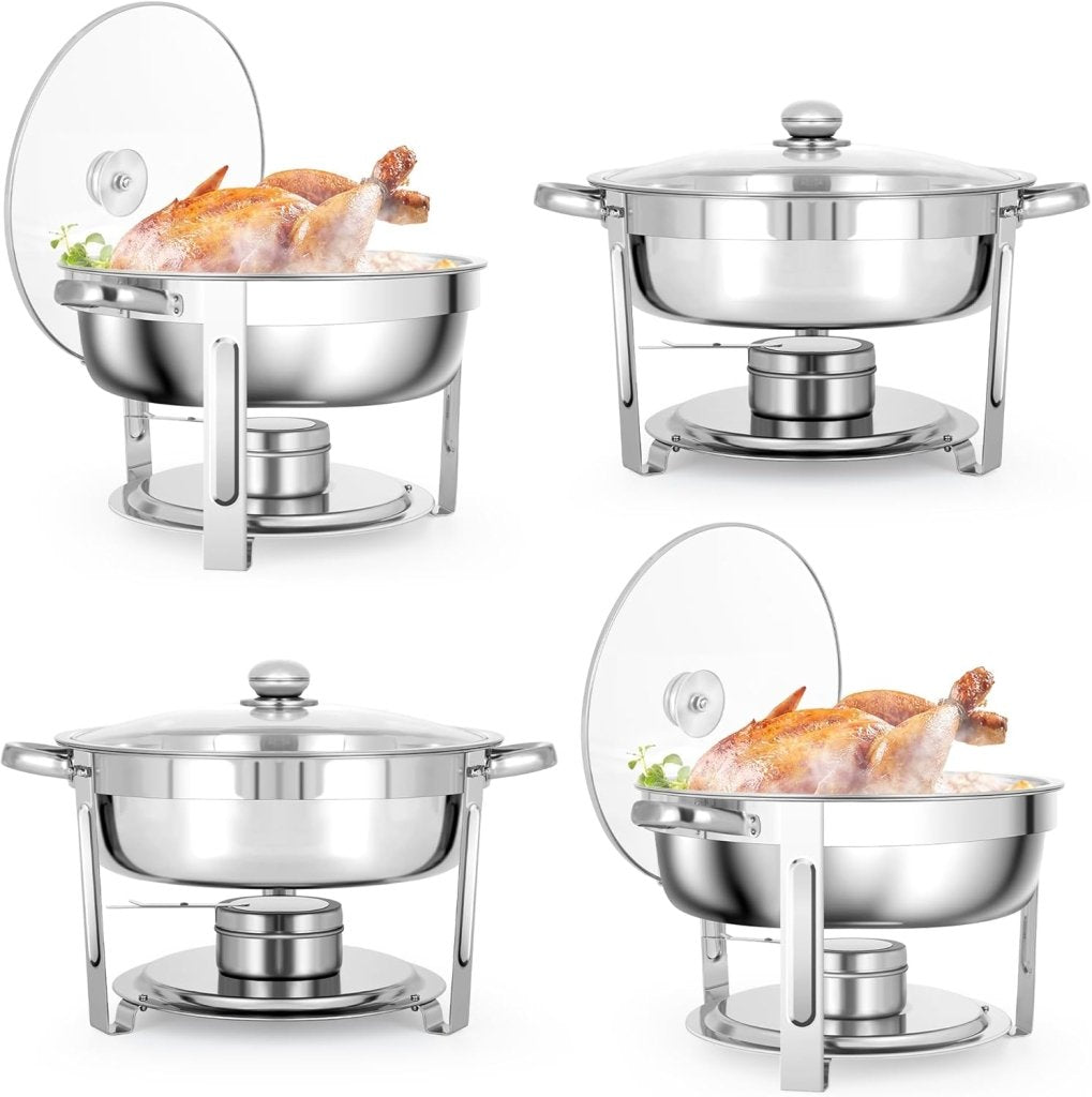 5 QT Chafing Dishes, 4 Pack Premium Stainless Steel Complete Set, Round Chafing Dish Buffet Set, Heating and Cooling Chafing Dish for Gatherings Banquets, Buffets, Parties, Weddings - Wigtrends