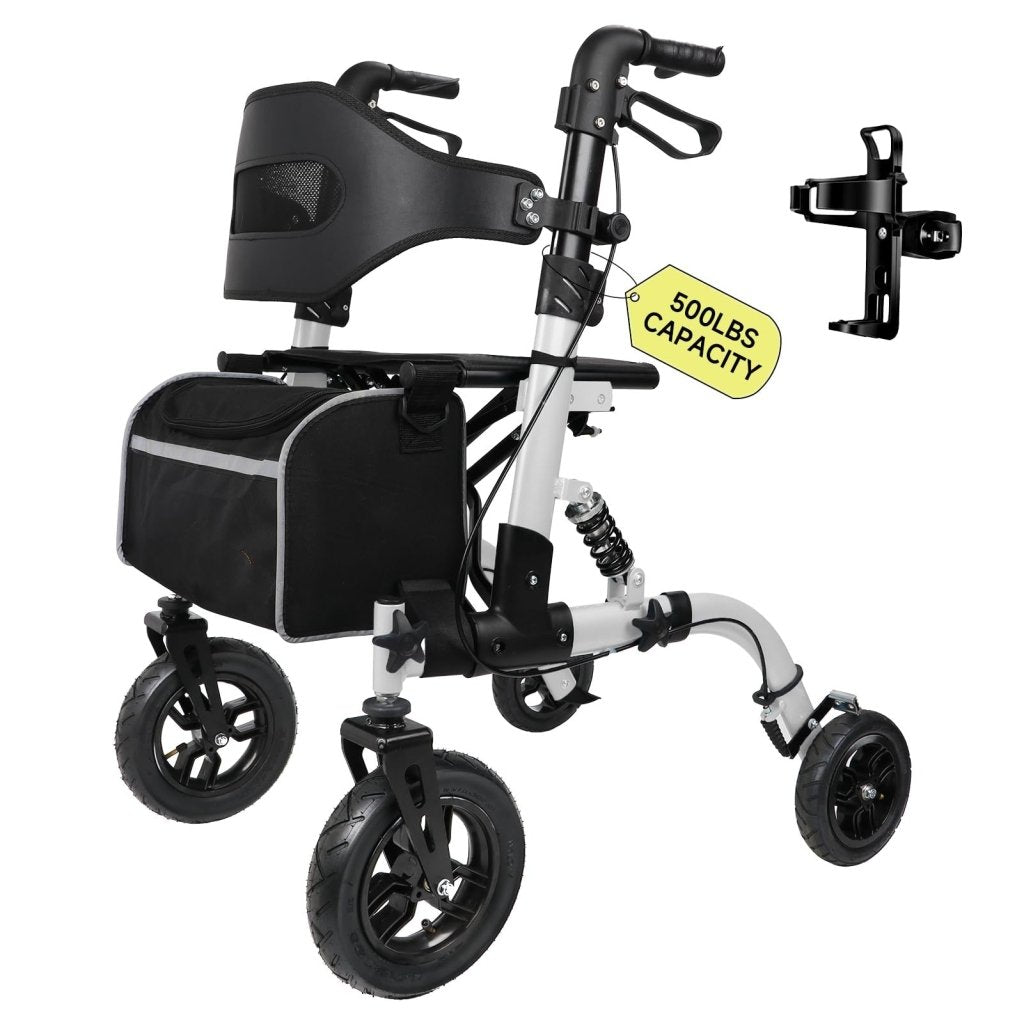 500lbs Walkers for Seniors Foldable, Heavy Duty Tall Walker with Seat, 10" Front Rubber Wheels, Outdoor Rollator All Terrain, Folding Walker, Cup and Cane Holder, Fits Height 5'6" ~ 7'5", Silver - Wigtrends