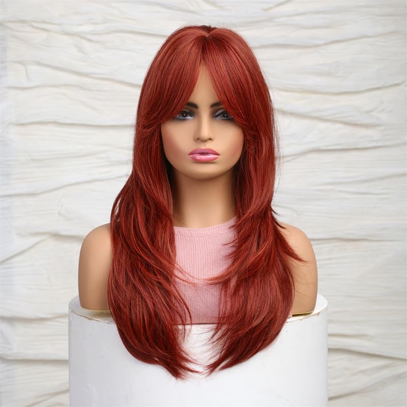 Auburn Red Wigs with Bangs, Copper Red Wigs for Women, Shoulder Length Synthetic Hair Red Full Wig, Middle Length Straight Hair Wig, 20 inch - Wigtrends