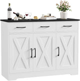 HOSTACK Modern Farmhouse Sideboard Buffet Cabinet, Barn Doors Buffet Storage Cabinet with Drawers and Shelves, Wood Coffee Bar with Storage for Kitchen, Dining Room, Living Room, White