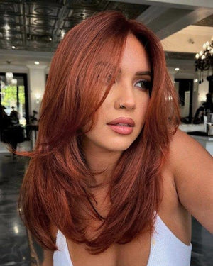 Auburn Red Wigs with Bangs, Copper Red Wigs for Women, Shoulder Length Synthetic Hair Red Full Wig, Middle Length Straight Hair Wig, 20 inch - Wigtrends