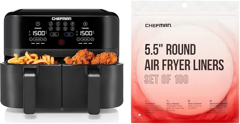 Chefman 6 Quart Dual Basket Air Fryer - Digital Touchscreen, Smart Sync Finish, Hi-Fry, Auto Shutoff, 2 Independent 3QT Nonstick Dishwasher-Safe Frying Baskets - Digital Double Air Fryer - Black
