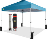 Crown Shades 10x10 Pop Up Canopy - Beach Tent with One Push Setup - Outdoor Sun Shade for Events, Parties, Camping - Gazebo with STO-N-Go Cover Bag, Silver Coated Top, 3 Height& 4 Sand Bags, Sky Blue