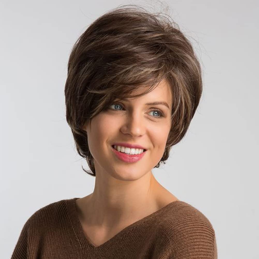 Pixie Cut Wigs Short Stylish Fluffy Layer Wig Brown Mix Blonde Wig Short Human Hair Wigs