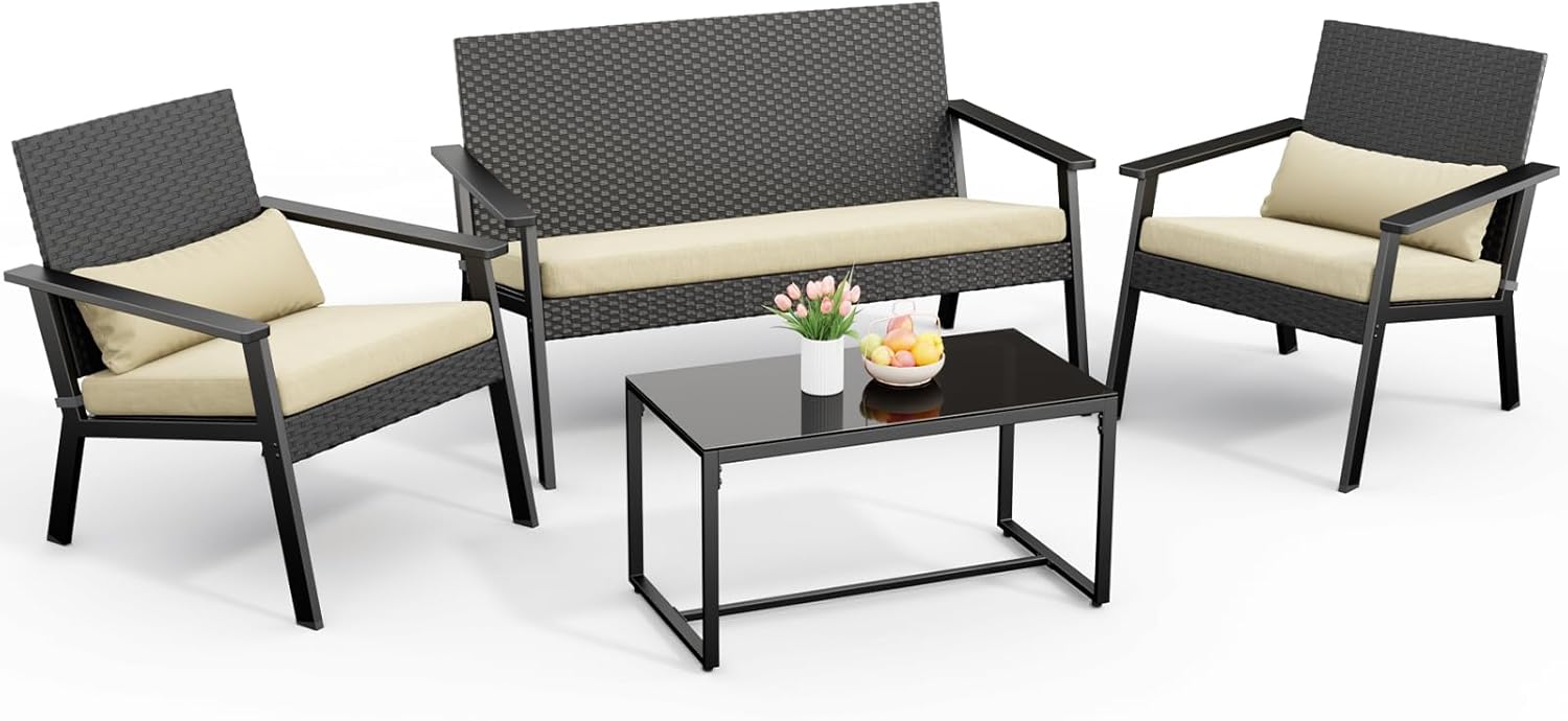 Ahomly 4-Piece Outdoor Wicker Patio Furniture Set with Deep Seating Cushions and Table for Balcony, Backyard, and Porch (Gray)