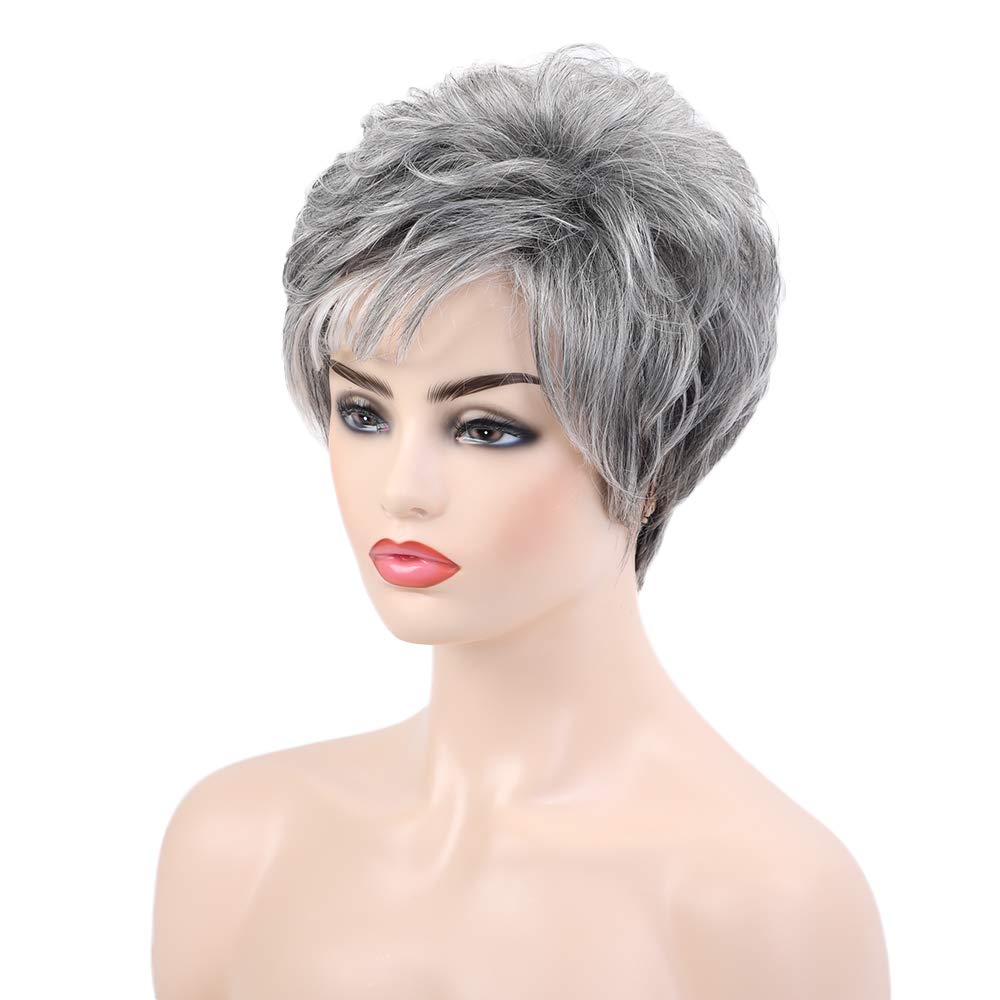 Short Silver Grey Human Hair Blend Wigs for Women Natural Hair Pixie Cut Wig - Wigtrends