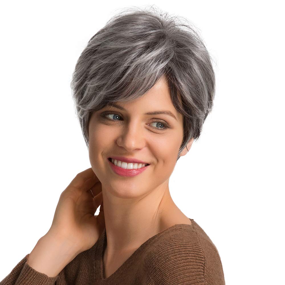 Short Silver Grey Human Hair Blend Wigs for Women Natural Hair Pixie Cut Wig - Wigtrends