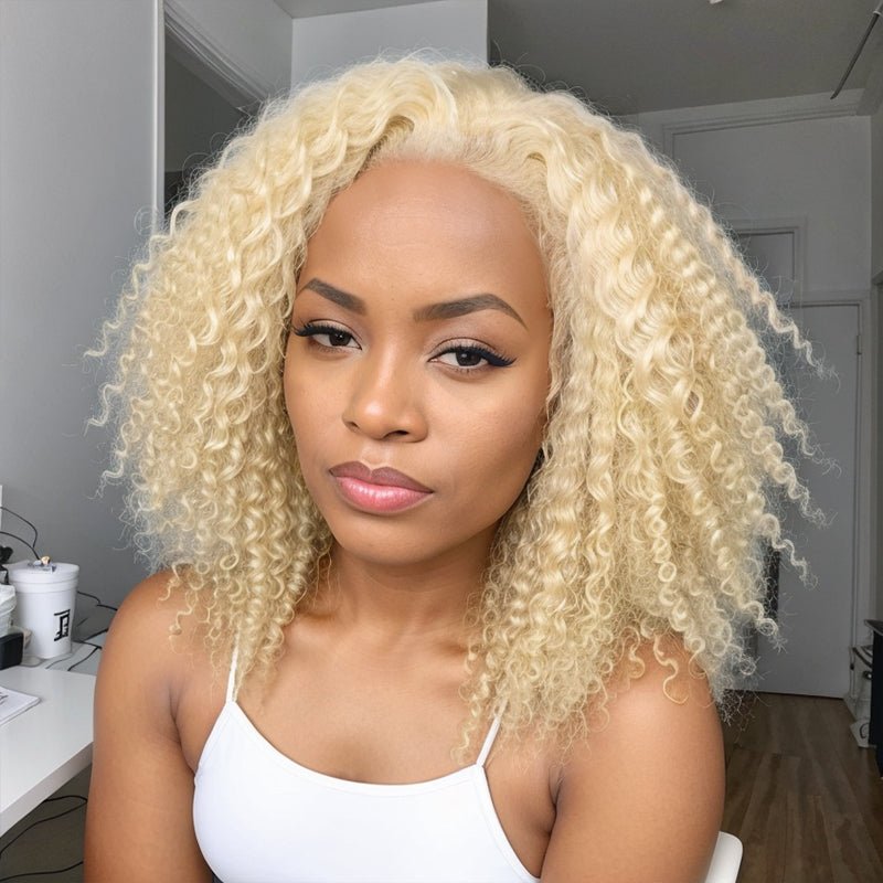 #613 Blonde Easy To Dye Kinky Curly Glueless Wigs Closure Lace Wig Human Hair - Wigtrends