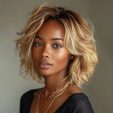 613 Blonde Layered Cut Wavy Bob 13x4 Lace Wig Human Hair Wigs - Wigtrends