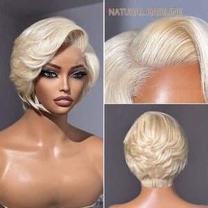 613 Blonde Pixie Cut Glueless 5x5 Closure Lace C Part Short Wig Human Hair - Wigtrends