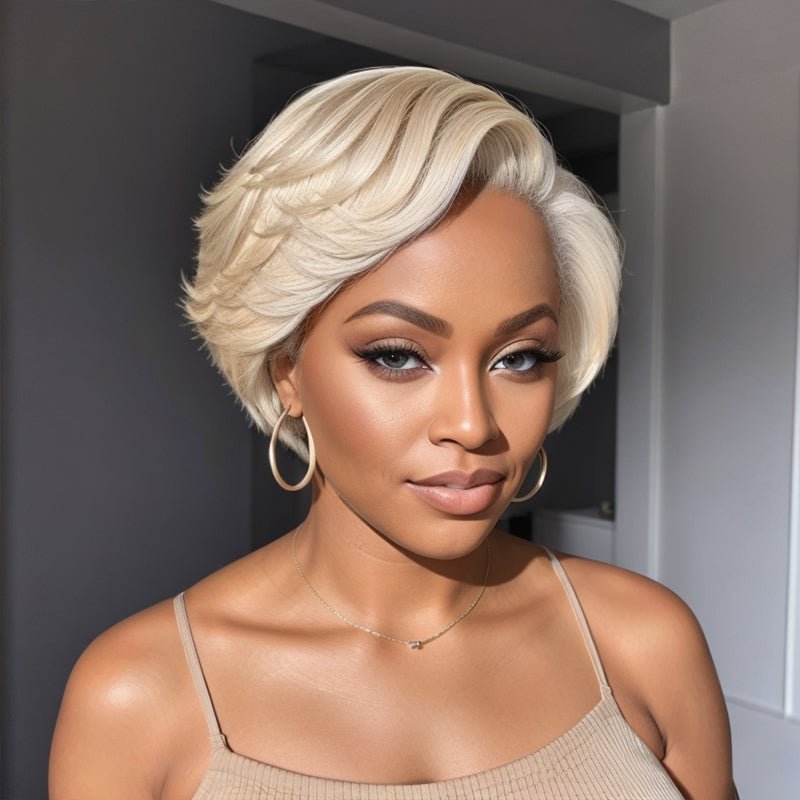 613 Blonde Pixie Cut Glueless 5x5 Closure Lace C Part Short Wig Human Hair - Wigtrends