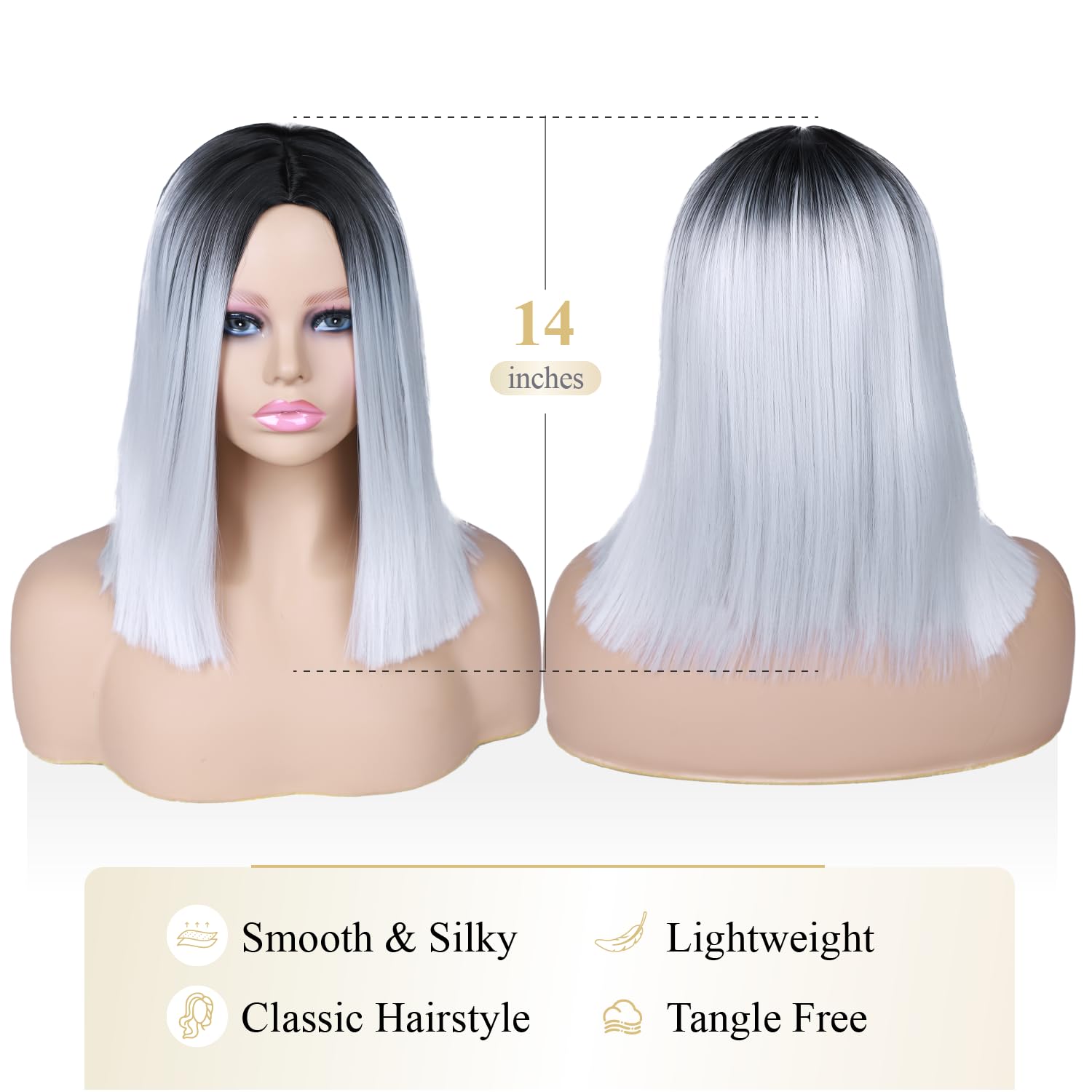 Quick Wig Ombre Wig Short Straight Bob Wig Black to Grey Wig Colorful Wigs for Girls and Women Shoulder Length Synthetic Halloween Cosplay Party Wigs 14 Inches - Wigtrends