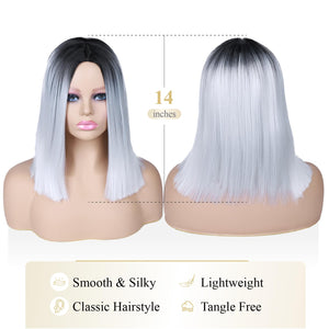 Quick Wig Ombre Wig Short Straight Bob Wig Black to Grey Wig Colorful Wigs for Girls and Women Shoulder Length Synthetic Halloween Cosplay Party Wigs 14 Inches - Wigtrends