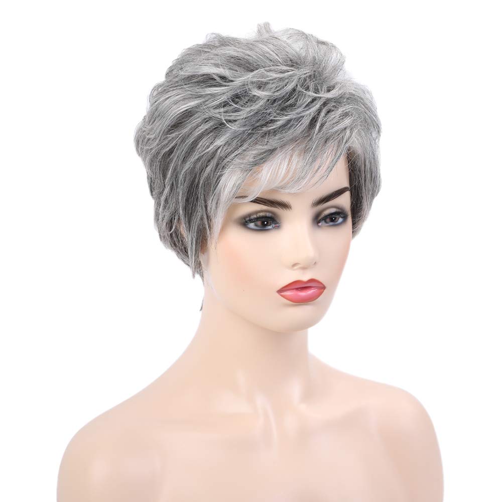 Short Silver Grey Human Hair Blend Wigs for Women Natural Hair Pixie Cut Wig - Wigtrends