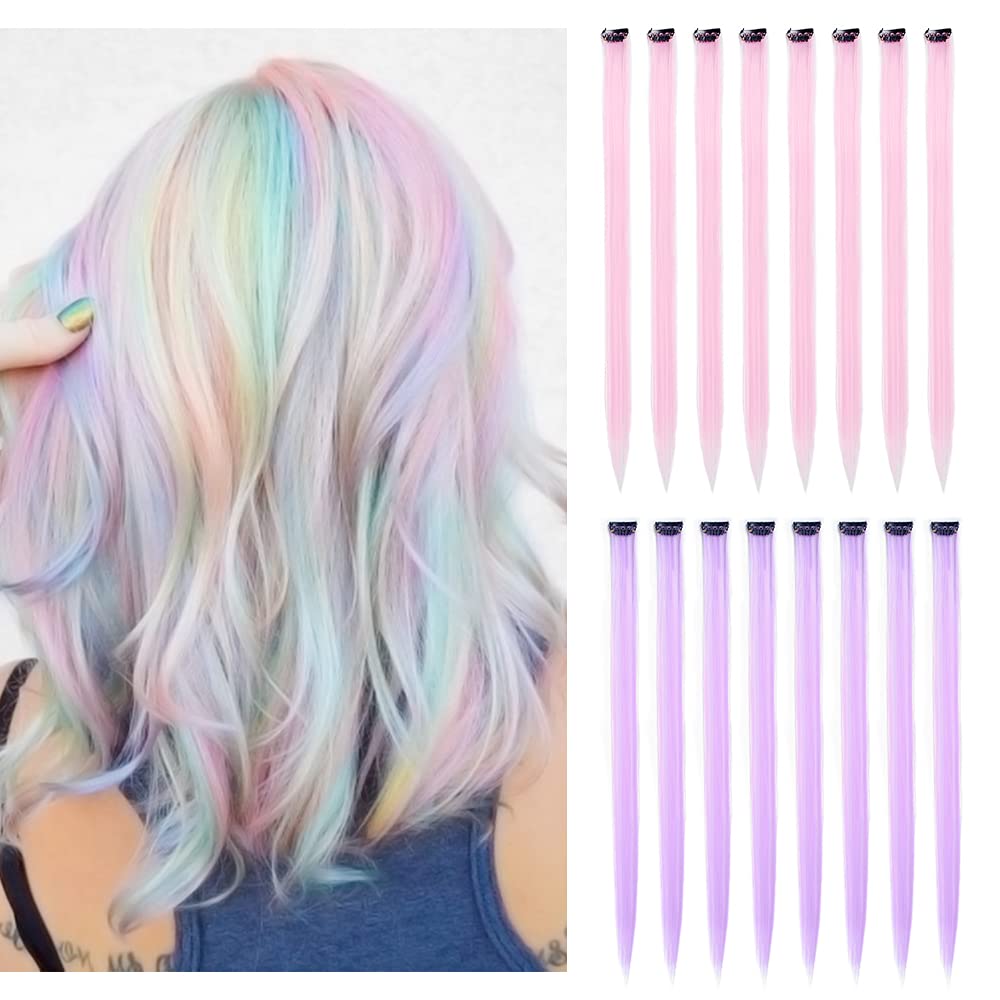 Colored Hair Extensions 20Inch Straight Color Clip in on Hair Extension Rainbow Party Highlights Synthetic Hairpiece