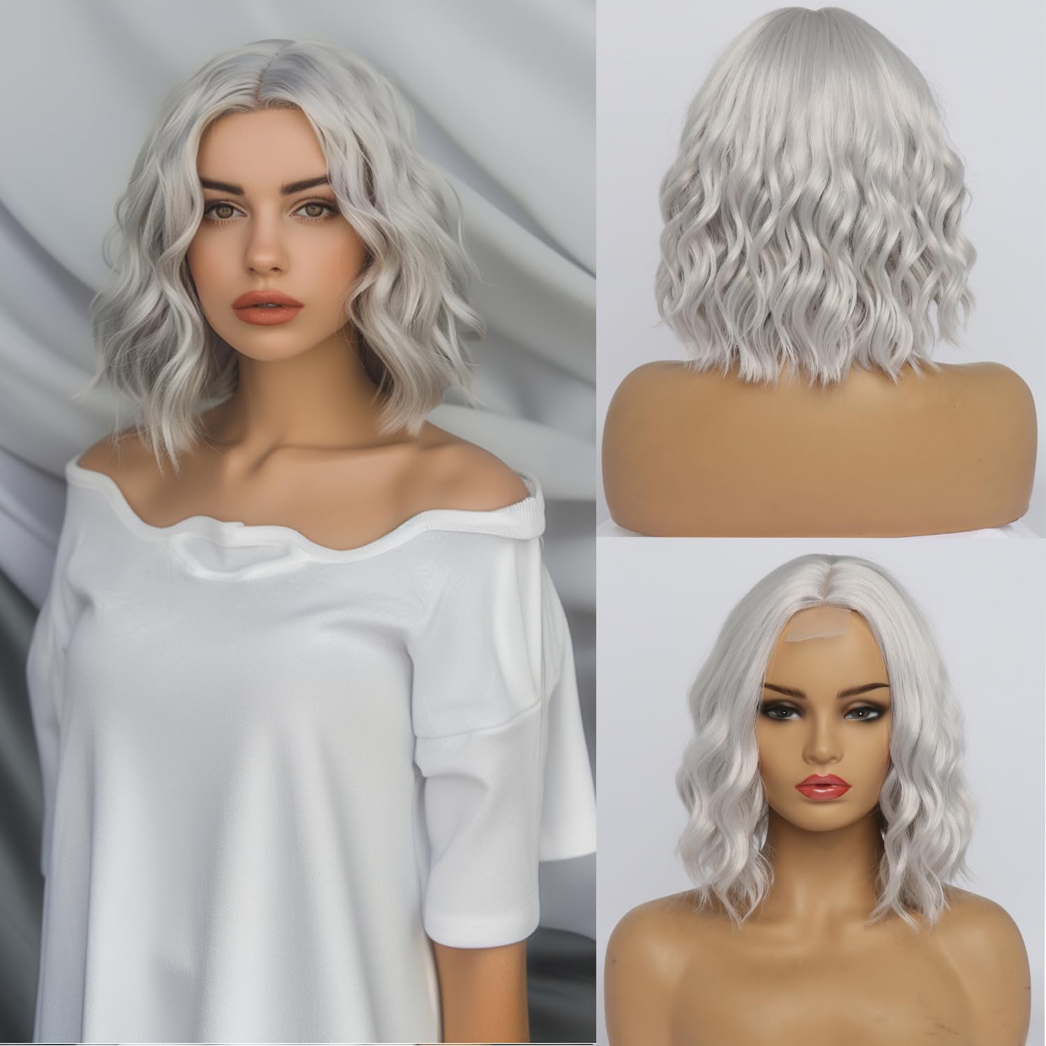 Short Wavy White Silver Wigs for Women Bob Grey Wigs