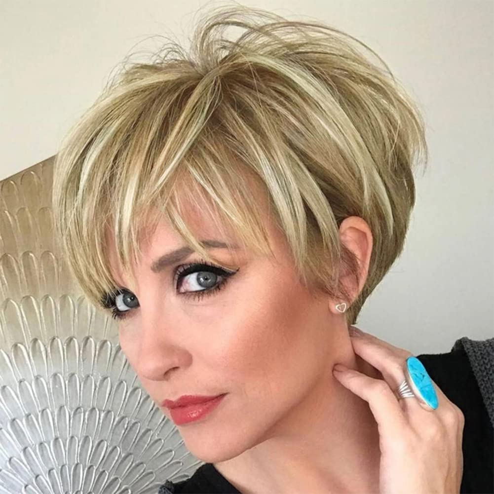 Pixie Cut Wigs Short Stylish Fluffy Layer Wig Brown Mix Blonde Wig Short Human Hair Wigs