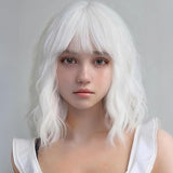 Silver Gray Wig with Bangs 14 Inch Short Bob Wavy Curly Heat Resistant Synthetic Wigs