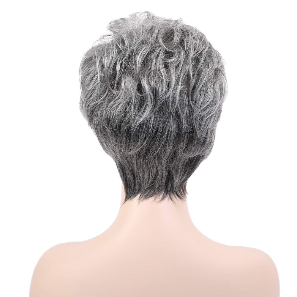 Short Silver Grey Human Hair Blend Wigs for Women Natural Hair Pixie Cut Wig - Wigtrends