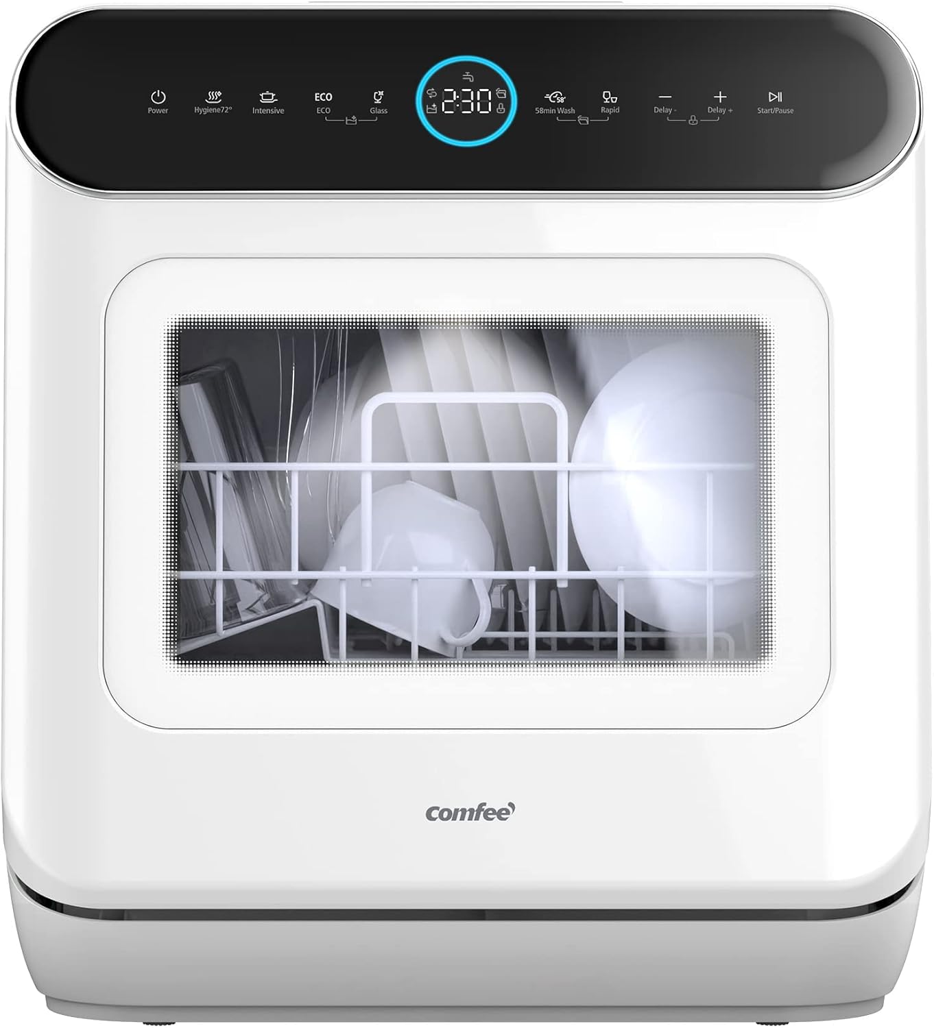 COMFEE' Portable Mini Dishwasher Countertop with 5L Built-in Water Tank for Apartments& RVs, No Hookup Needed, 6 Programs, 360° Dual Spray, 162℉ High-Temp& Air-Dry Function