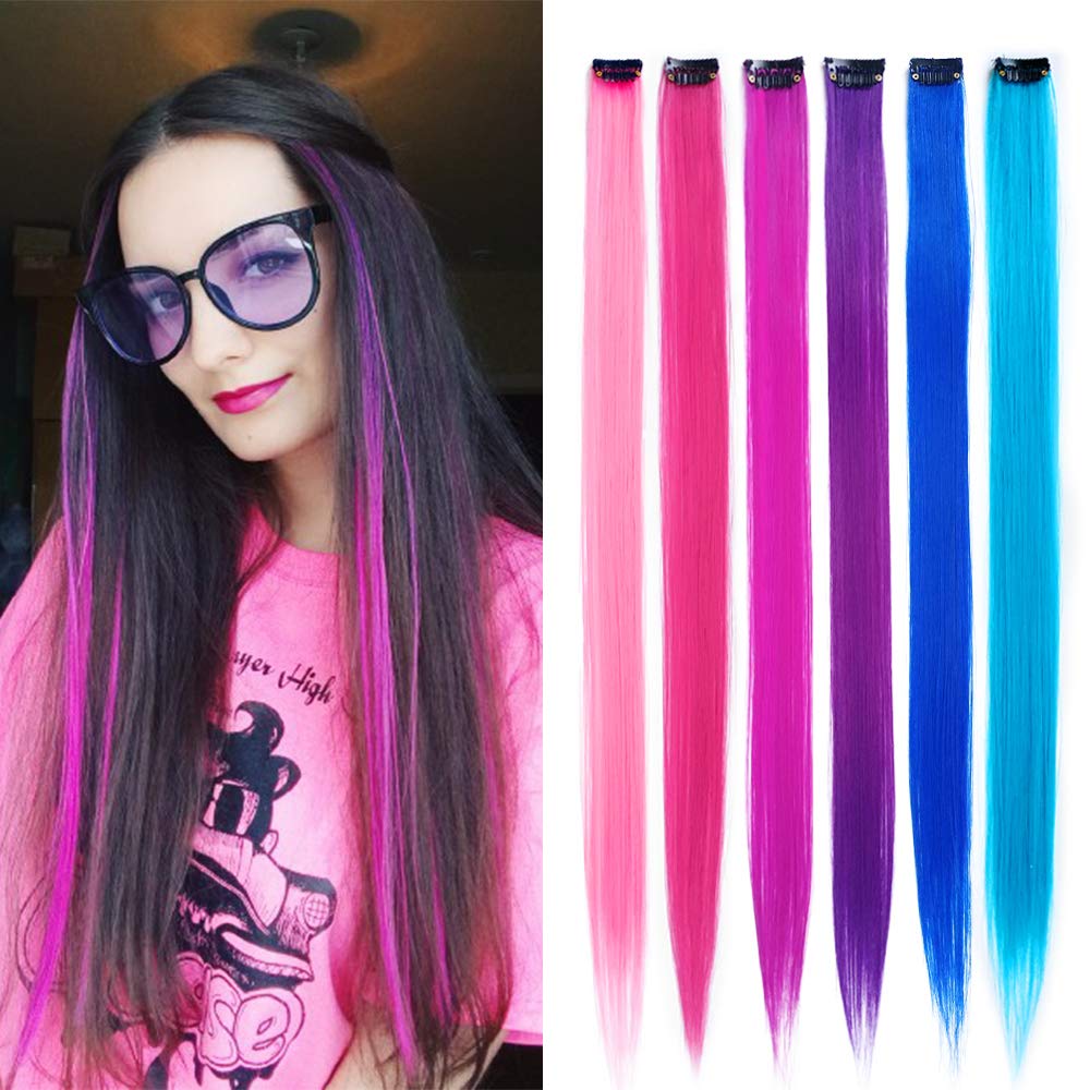 Colored Hair Extensions 20Inch Straight Color Clip in on Hair Extension Rainbow Party Highlights Synthetic Hairpiece