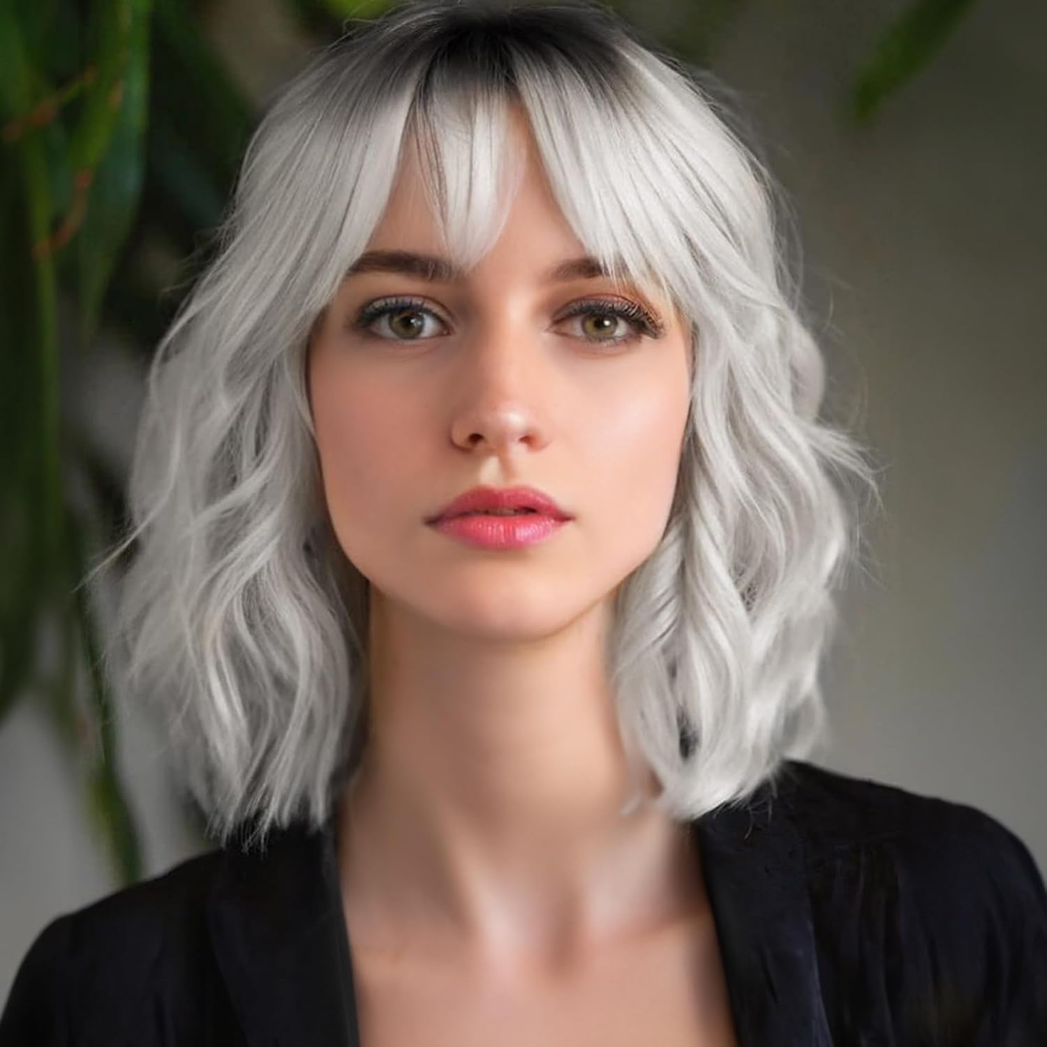 Silver Gray Wig with Bangs 14 Inch Short Bob Wavy Curly Heat Resistant Synthetic Wigs