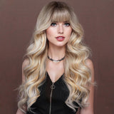 Blonde Wig With Bangs Long Wavy Curly Ombre Wig with Dark Root Human Hair Wigs