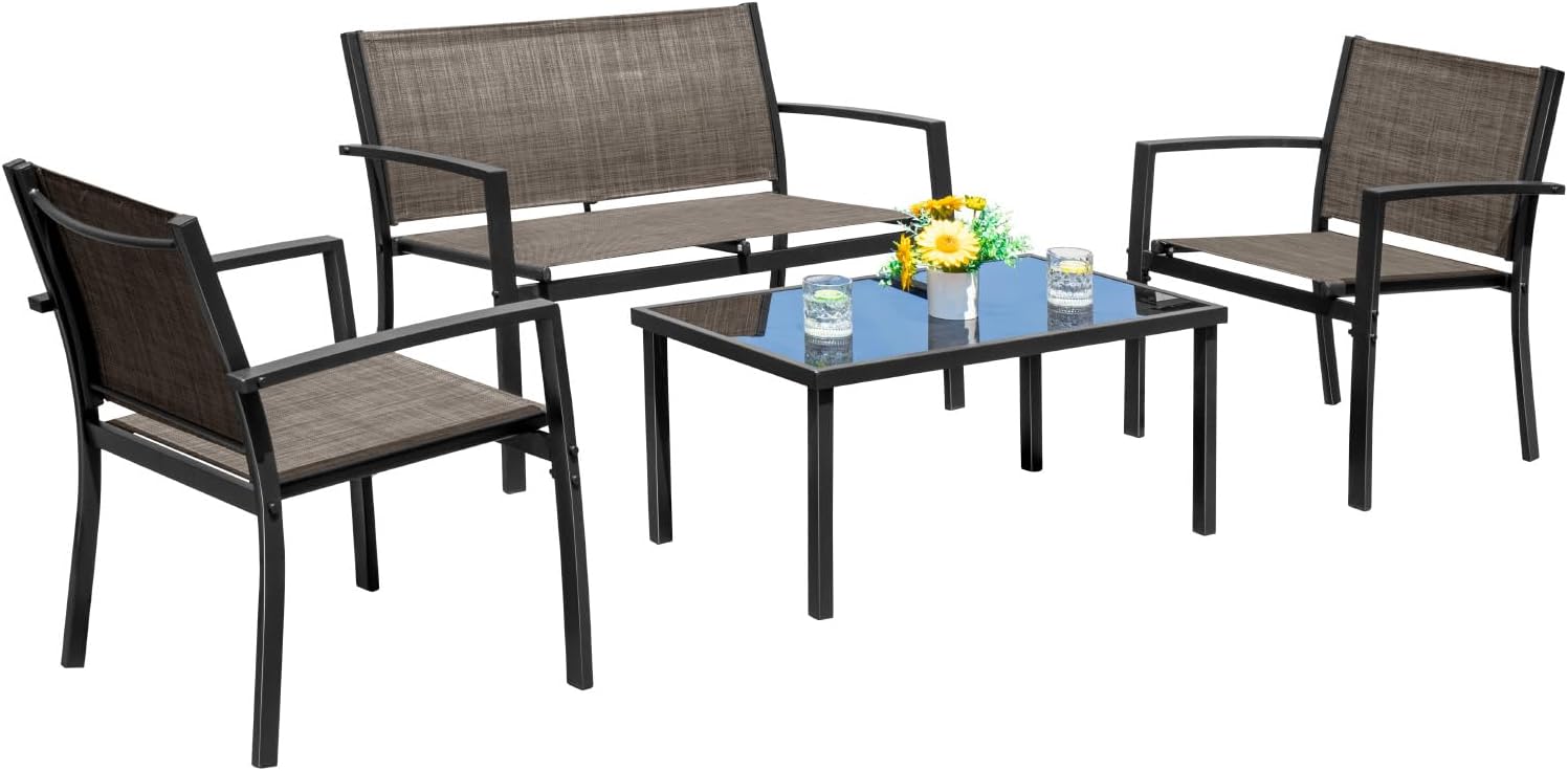 Devoko 4 Pieces Patio Furniture Set Outdoor Garden Patio Conversation Sets Poolside Lawn Chairs with Glass Coffee Table Porch Furniture (Black)