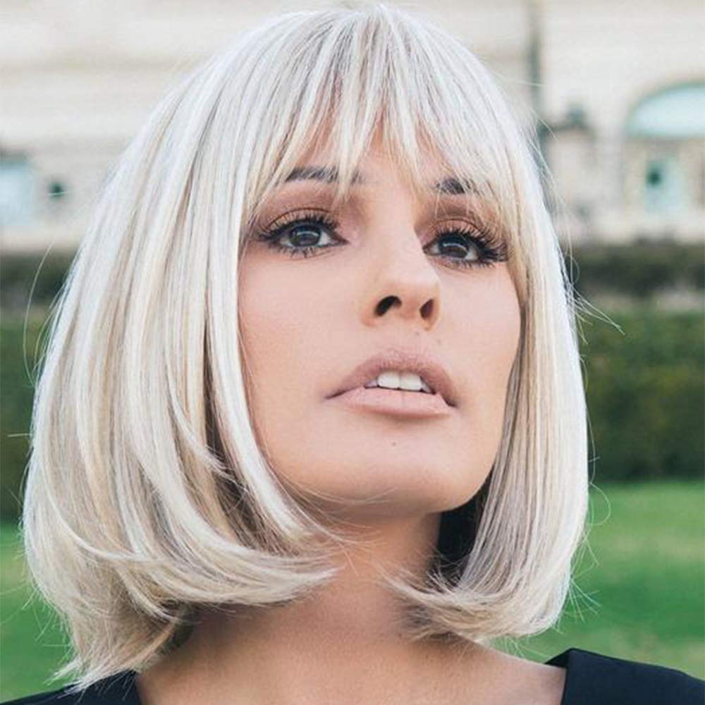 12 Inch Blonde to White Bob Wigs with Bangs Ombre to Blonde Hair Synthetic