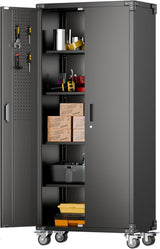 Aobabo 73''H Metal Garage Storage Cabinet with Wheels,Steel Cabinets with 2 Doors and 4 Adjustable Shelves for Home Office,Required Assembly,Black