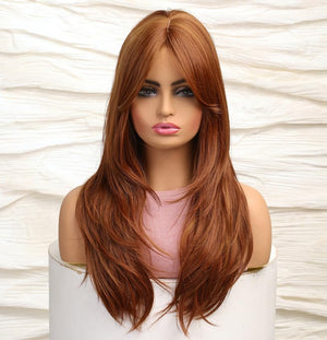 Auburn Red Wigs with Bangs, Copper Red Wigs for Women, Shoulder Length Synthetic Hair Red Full Wig, Middle Length Straight Hair Wig, 20 inch - Wigtrends