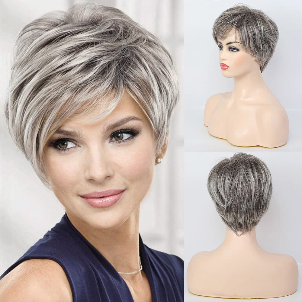 Short Grey Human Hair Wigs for Women Natural Pixie Cut Wig Daily Hair - Wigtrends