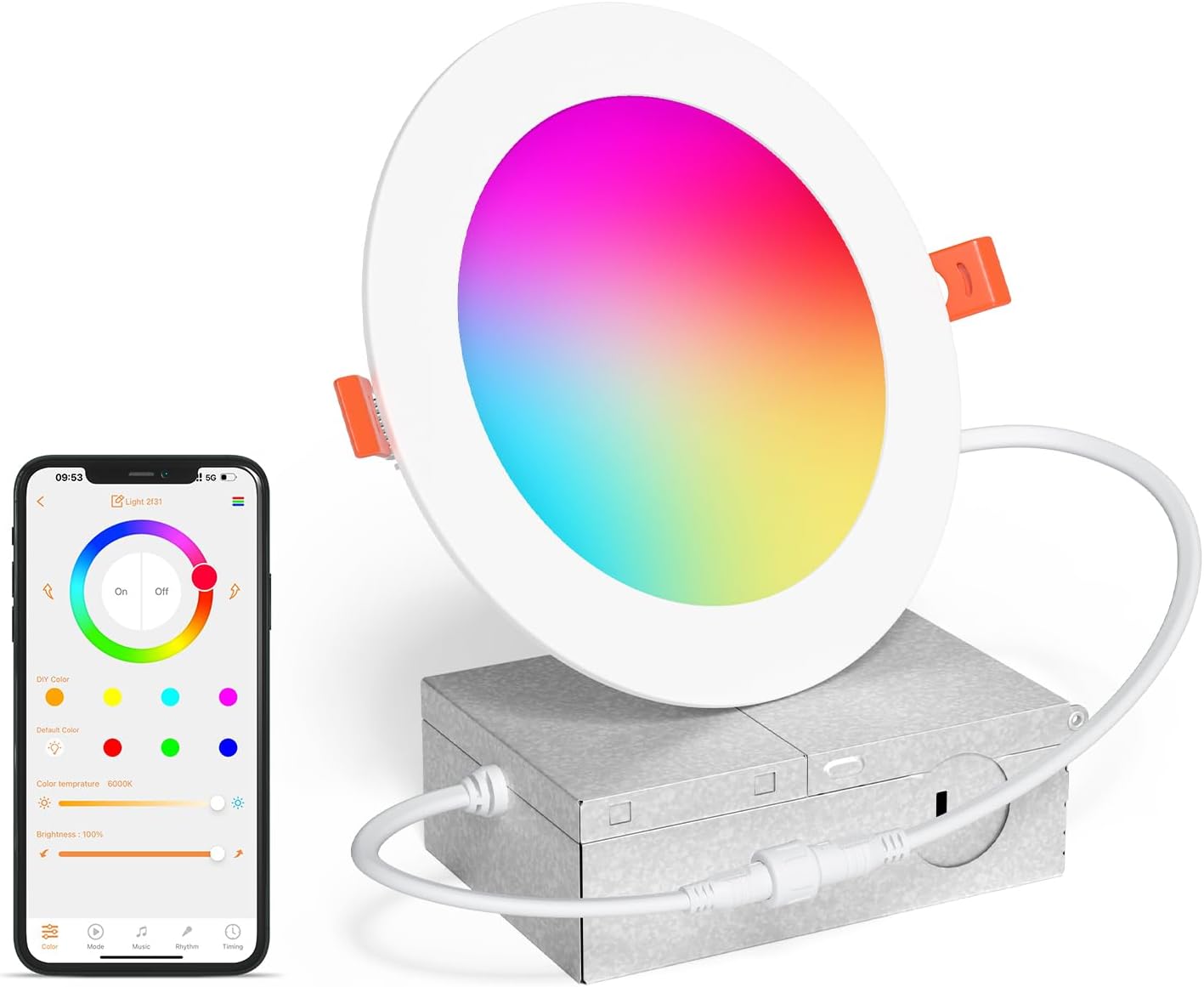 Smart Recessed Lighting 4 Inch RGBCW Color Changing 12W LED Downlight with Junction Box,1080 Lumen Recessed Ceiling Light Compatible with Alexa,Dimmable by Bluetooth Control -12Pack