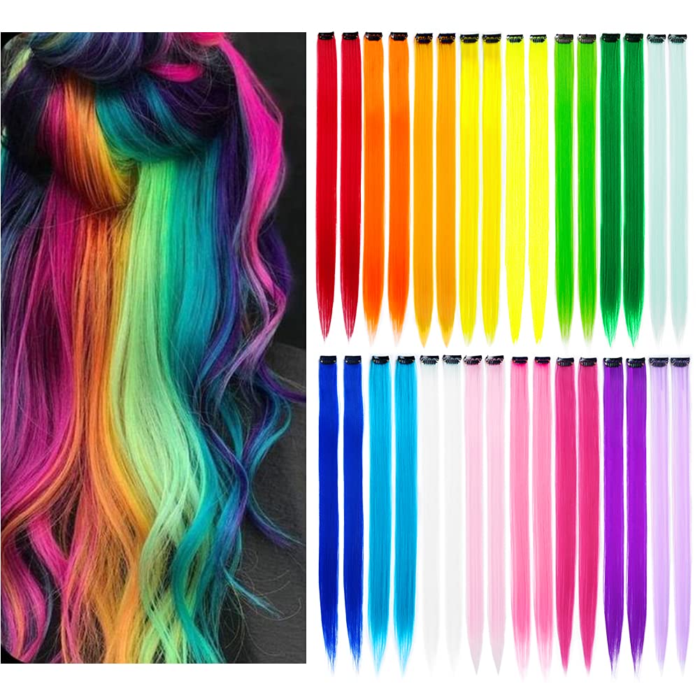 Colored Hair Extensions 20Inch Straight Color Clip in on Hair Extension Rainbow Party Highlights Synthetic Hairpiece