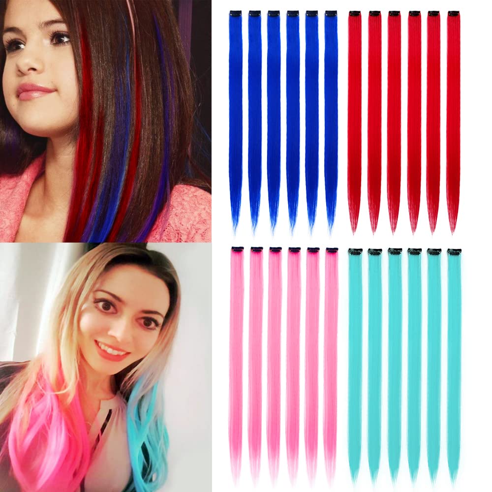 Colored Hair Extensions 20Inch Straight Color Clip in on Hair Extension Rainbow Party Highlights Synthetic Hairpiece