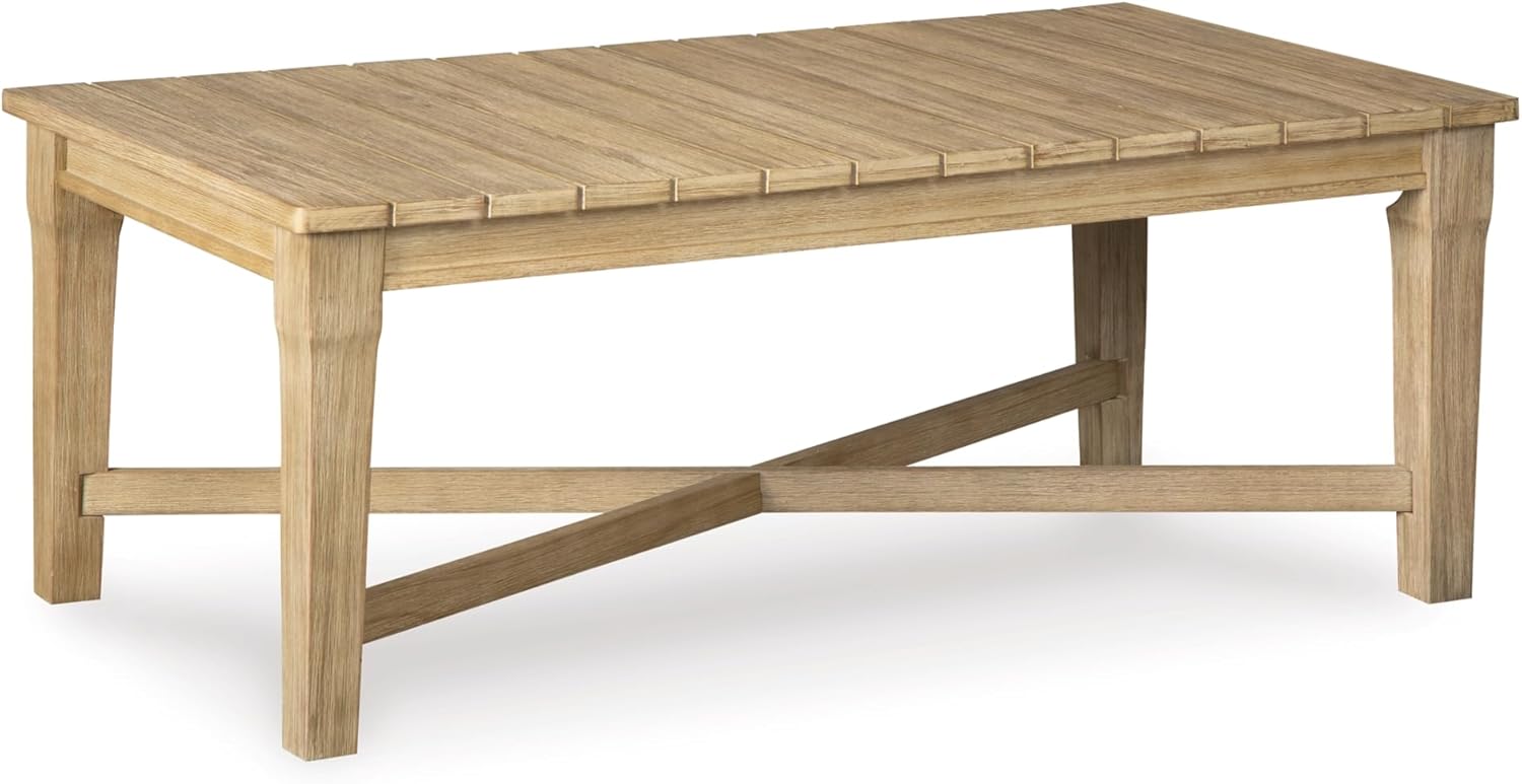 Signature Design by Ashley Clare View Coastal Outdoor Patio Eucalyptus Sofa with Cushions, Beige