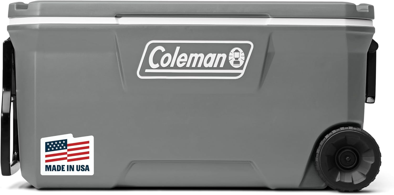 Coleman Classic Series Insulated Portable Rolling Cooler with Wheels, Leak-Resistant Outdoor Hard Cooler Keeps Ice up to 5 Days, 100-Quart