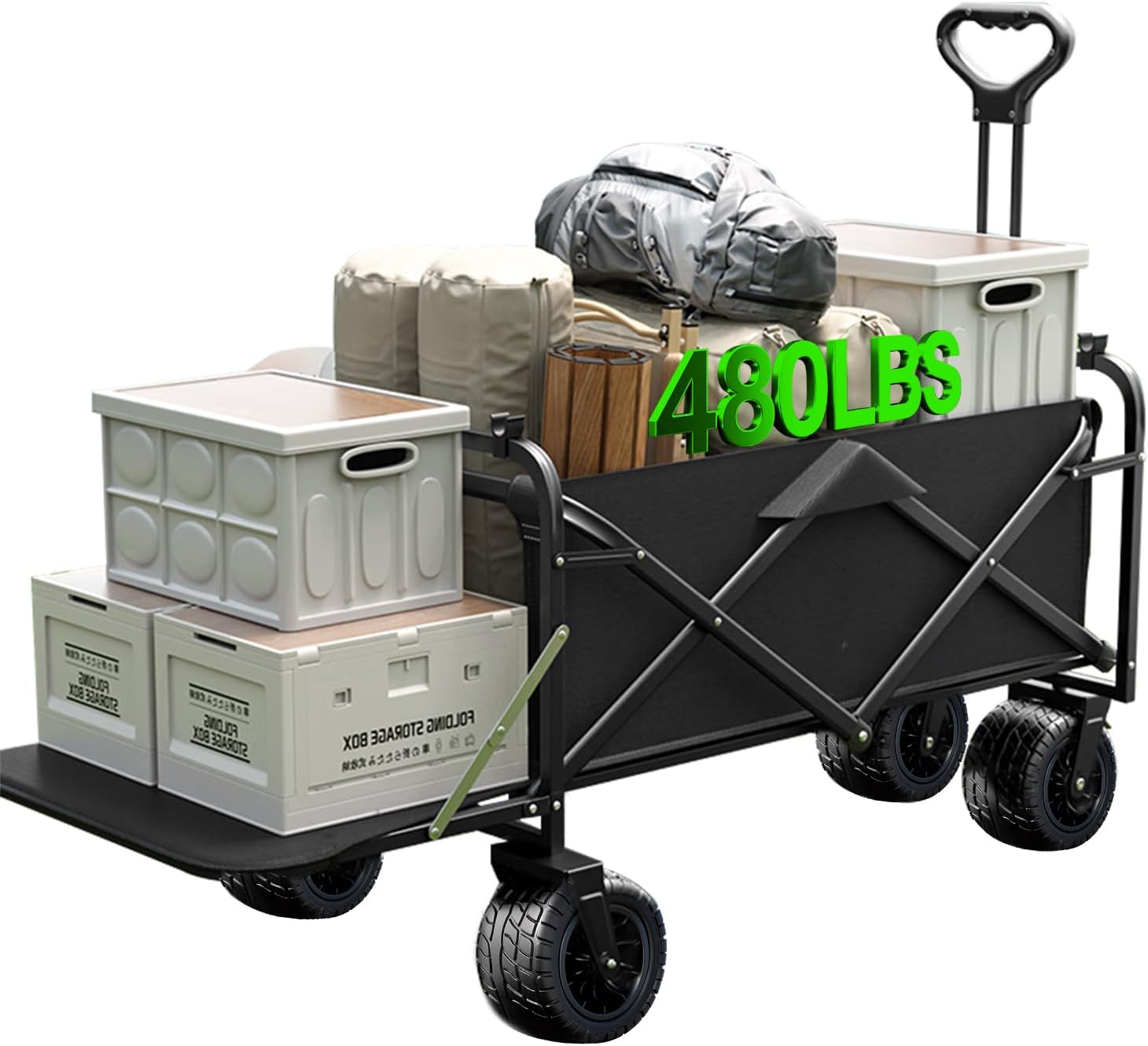 Collapsible Wagon Cart Foldable 37" L 480lbs Capacity, Heavy Duty Beach Wagon, Shopping Carts with Wheels for Grocery, Camping, Shopping, Beach, Fishing, Garden Cart