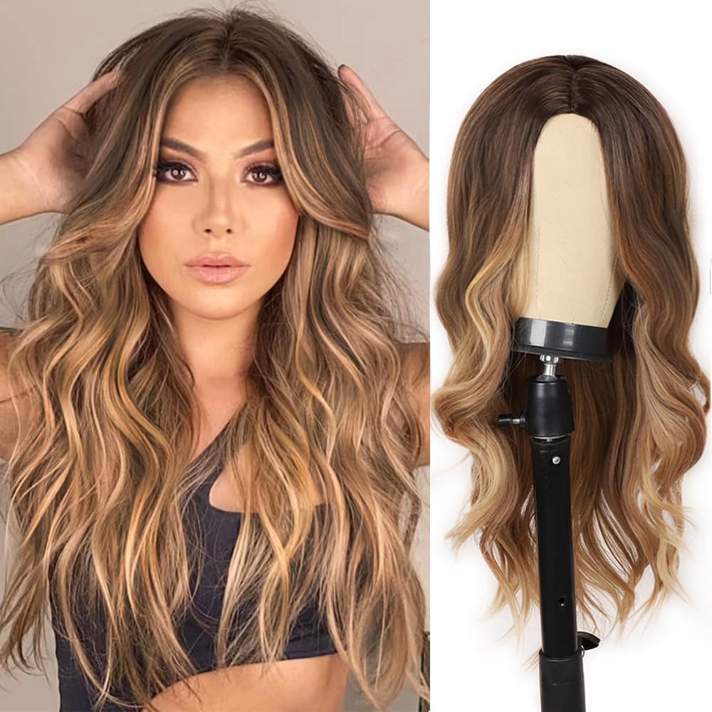 Long Brown Wave Wig 26 inch Synthetic Wig Wave Brown Heat Resistant Hair