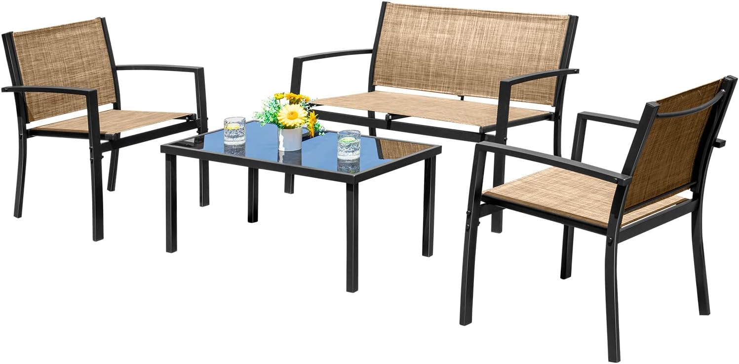 Devoko 4 Pieces Patio Furniture Set Outdoor Garden Patio Conversation Sets Poolside Lawn Chairs with Glass Coffee Table Porch Furniture (Black)