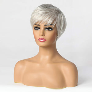 Short Silver Grey Human Hair Blend Wigs for Women Natural Hair Pixie Cut Wig - Wigtrends