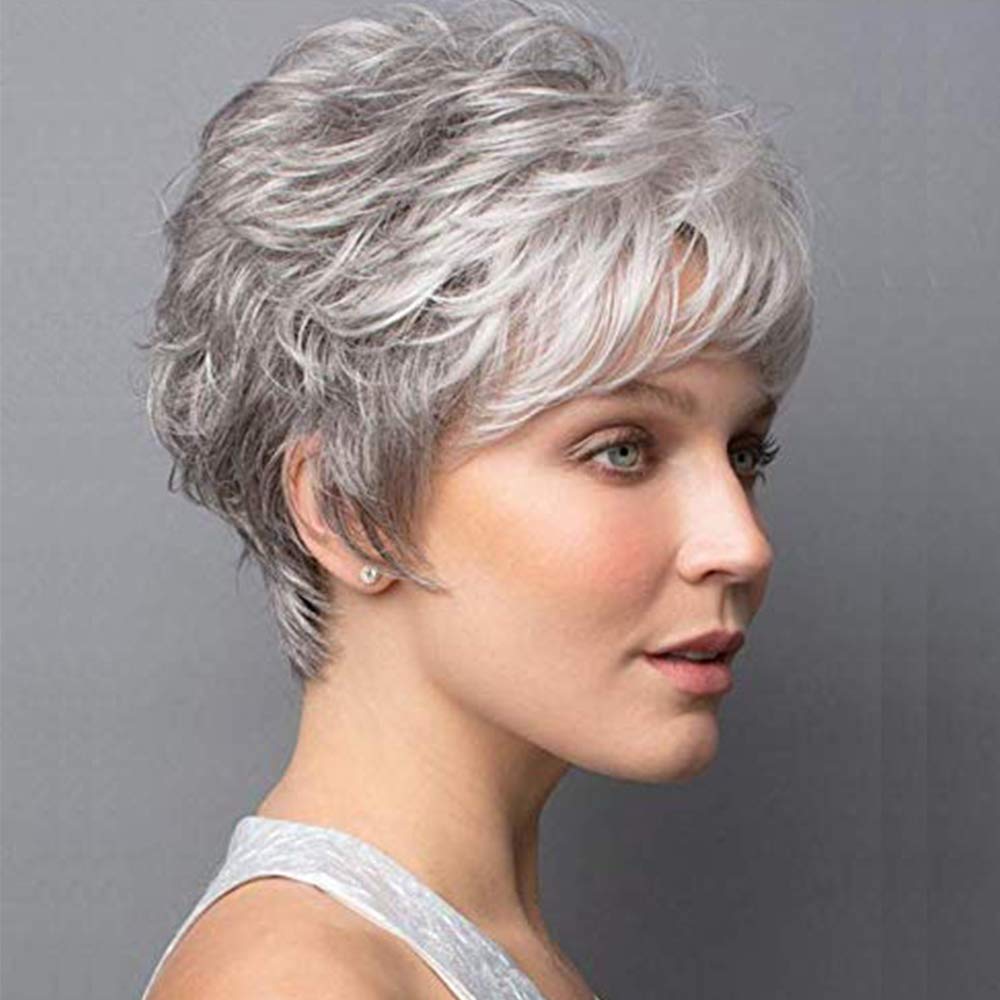 Short Grey Pixie Cut Wigs for White Women Layered Short Silver White Wigs Synthetic