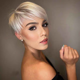 Pixie Layered Short Blonde Wigs Blonde Mixed Brown Human Hair Wigs