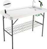 Folding Fish Cleaning Table Portable Camping Sink Table with Faucet Drainage Hose & Sprayer Outdoor Fish Fillet Cleaning Station with Grid Rack & Knife Groove for Picnic Fishing, Grey