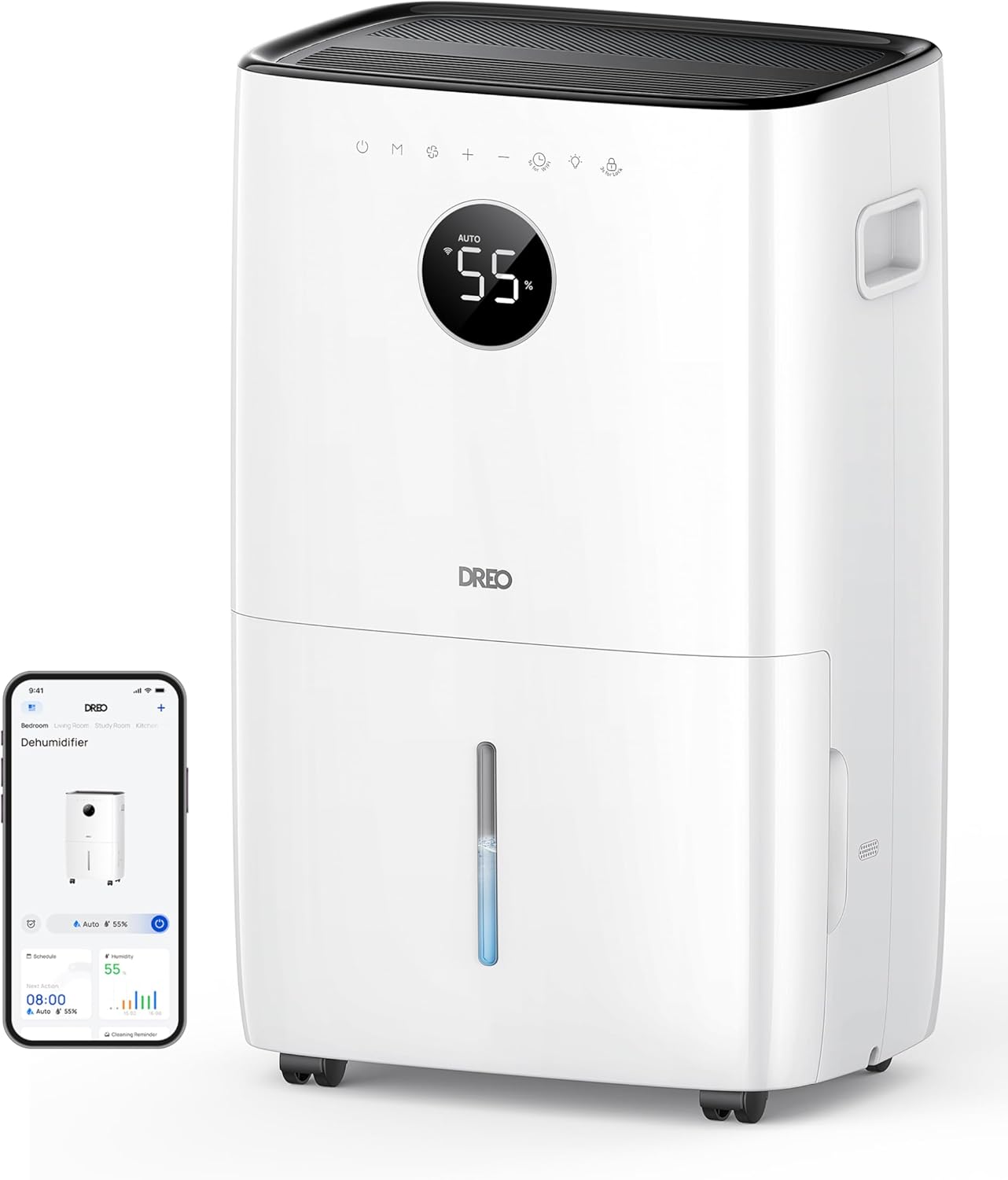 Dreo 110-Pint Smart Dehumidifier for Basement, 4500 Ft² for Large Room, 2 Gallon Water Tank, Auto/Comfort/Constant Mode Dehumidifiers for Home, Bedroom, Bathroom, with Drain Hose, White, 711S