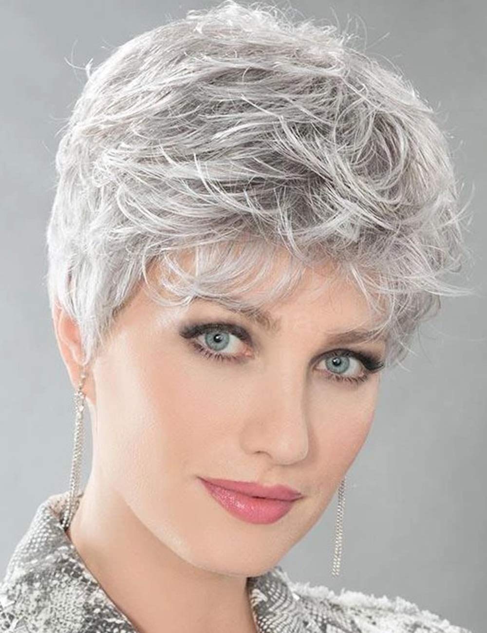 Short Grey Pixie Cut Wigs for White Women Layered Short Silver White Wigs Synthetic