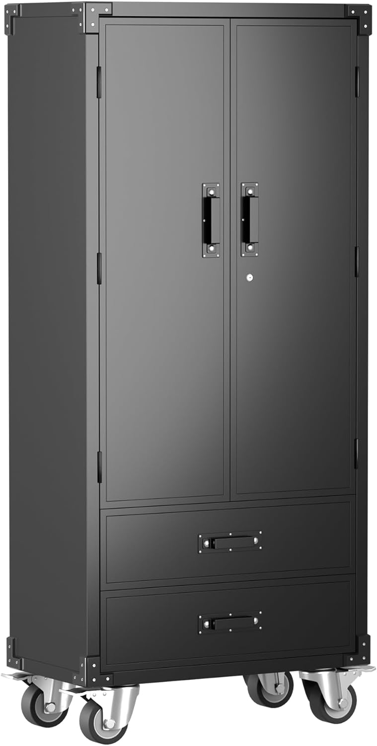 Metal Storage Cabinet with Pegboard 71'' x 34'' x 18'',Lockable Steel Storage Cabinet with 5 Adjustable Shelves and Door for Garage, Office, Kitchen, Assembly Required(Black)