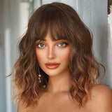 Curly Bob Wig with Bangs Short Wavy Wine Red Color Human Hair Wigs