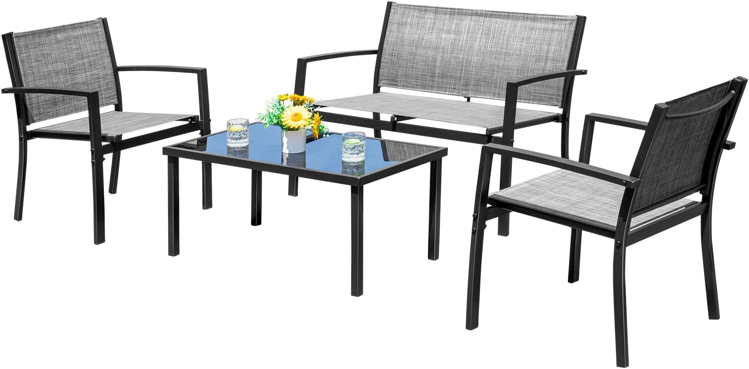 Devoko 4 Pieces Patio Furniture Set Outdoor Garden Patio Conversation Sets Poolside Lawn Chairs with Glass Coffee Table Porch Furniture (Black)