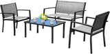 Devoko 4 Pieces Patio Furniture Set Outdoor Garden Patio Conversation Sets Poolside Lawn Chairs with Glass Coffee Table Porch Furniture (Black)